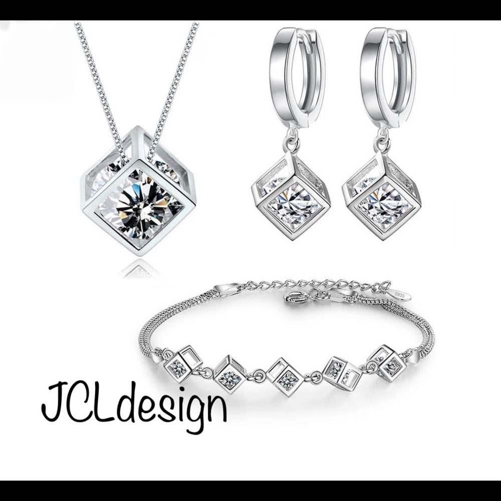 Luxury 925 SS Necklace Tennis Bracelet & Earrings